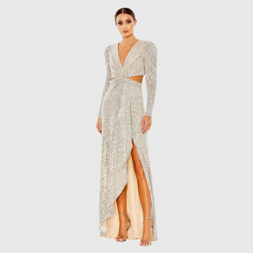 NWT Mac Duggal Silver Sequined Criss Cross Long Sleeve Gown Nude 2